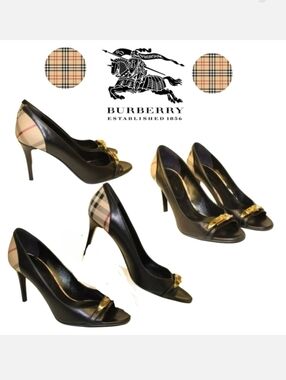 Burberry Italy Made 9.5 39.5 Leather Signature Plaid Peep Toe Pumps